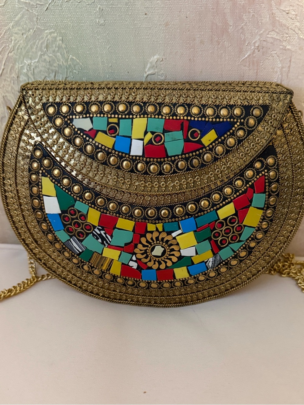 Ramla Kimy’s Metal Gold Mosaic Half-Moon Crossbody Bag - Multicolor Accent Good